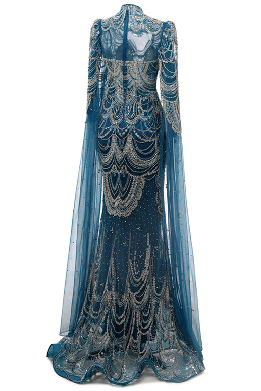 High neck Ink Blue Long sleeves Beaded Mermaid Evening Dresses