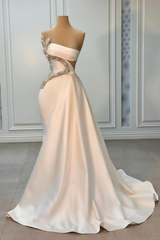 Ivory One shoulder Ivory Satin Silver Beaded Mermaid Prom Dresses