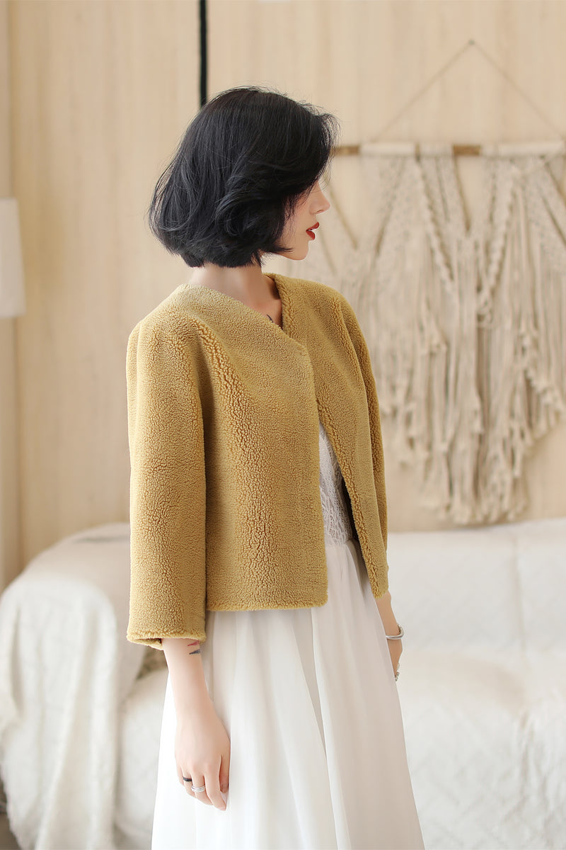 Khaki Faux Mink Fur Collarless Short Jacket & Wedding Shawl