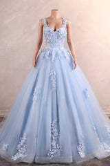 Light Blue Staps Lace Appliques Sleeveless Ball Gown Tulle Prom Dresses