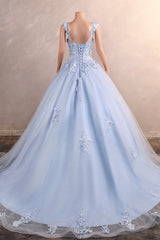 Light Blue Staps Lace Appliques Sleeveless Ball Gown Tulle Prom Dresses