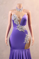 Lilac High neck Silver Applqiues Mermaid Satin Prom Dresses