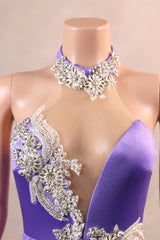 Lilac High neck Silver Applqiues Mermaid Satin Prom Dresses