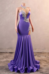 Lilac High neck Silver Applqiues Mermaid Satin Prom Dresses