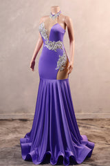 Lilac High neck Silver Applqiues Mermaid Satin Prom Dresses