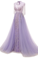 Lilac Long sleeves Overskirt A-line Evening Dresses