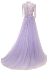 Lilac Long sleeves Overskirt A-line Evening Dresses