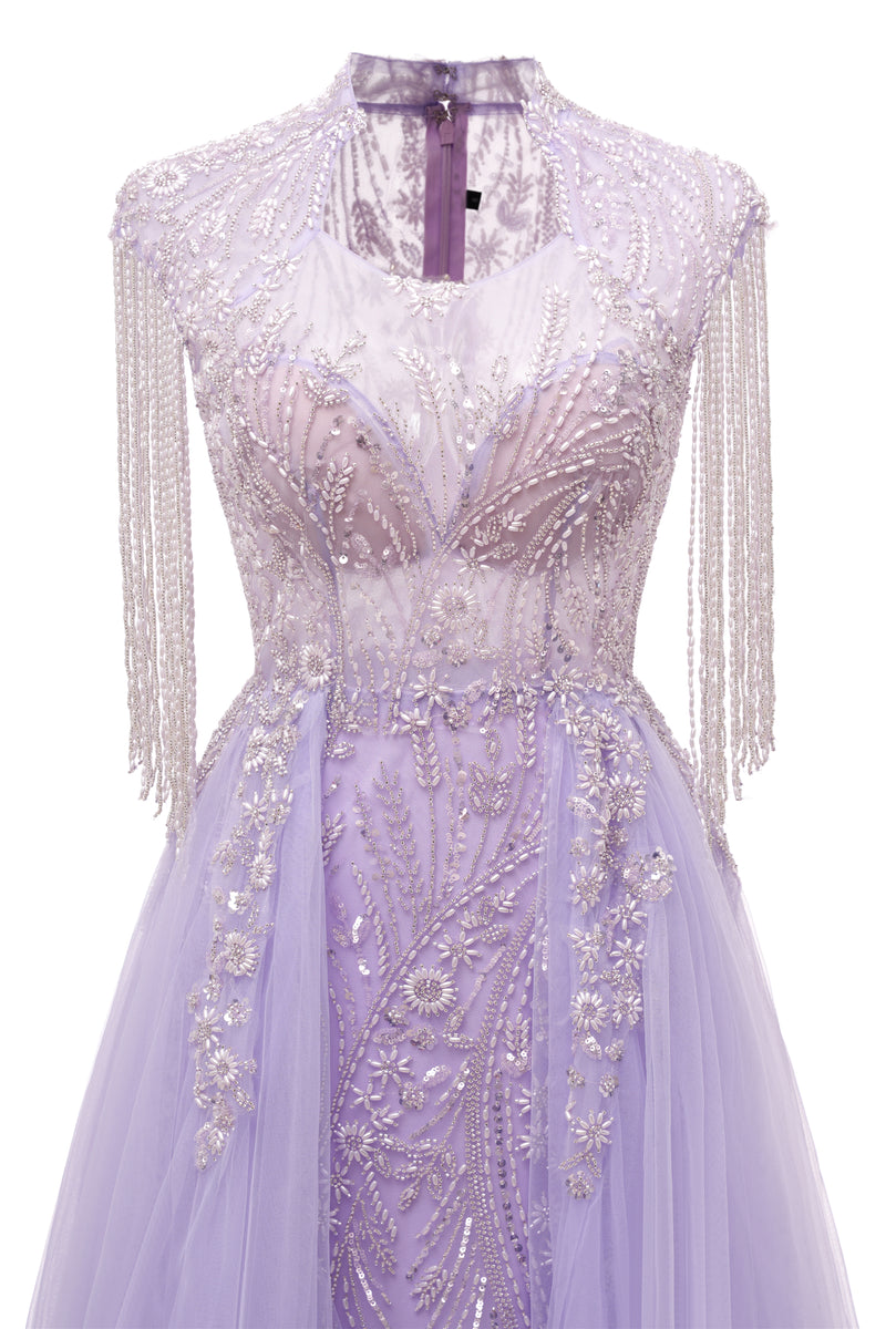 Lilac Long sleeves Overskirt A-line Evening Dresses