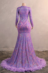 Long sleeves Feather Lilac Sequin Sparkle Mermaid Prom Dresses