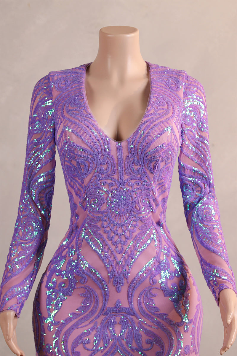 Long sleeves Feather Lilac Sequin Sparkle Mermaid Prom Dresses