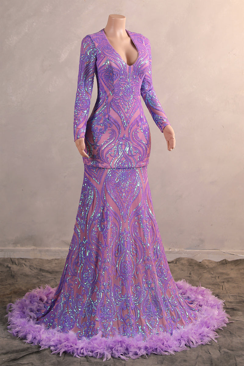 Long sleeves Feather Lilac Sequin Sparkle Mermaid Prom Dresses