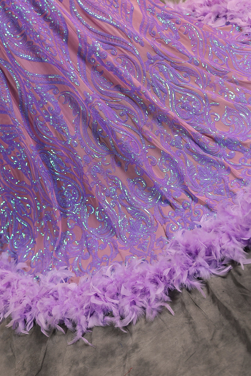 Long sleeves Feather Lilac Sequin Sparkle Mermaid Prom Dresses