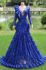 Long sleeves Royal Blue Mermaid Ruffles V-neck Floor length Prom Dresses