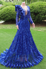 Long sleeves Royal Blue Mermaid Ruffles V-neck Floor length Prom Dresses