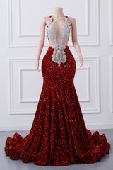 Luxury Burgundy Sequin Mermaid Silver Beaded Court Trian Prom Dresses