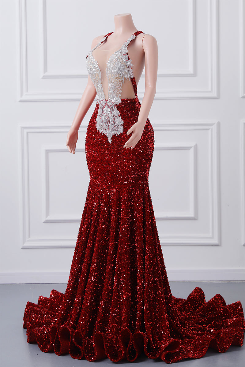 Luxury Burgundy Sequin Mermaid Silver Beaded Court Trian Prom Dresses