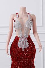 Luxury Burgundy Sequin Mermaid Silver Beaded Court Trian Prom Dresses