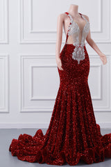 Luxury Burgundy Sequin Mermaid Silver Beaded Court Trian Prom Dresses