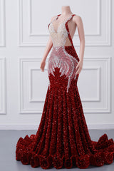 Luxury Burgundy Sequin Mermaid Silver Beaded Court Trian Criss Cross Prom Dresses