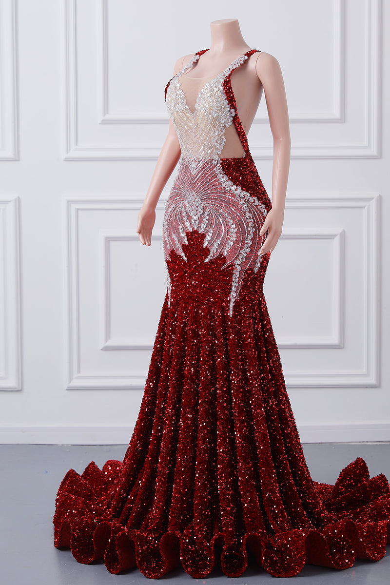 Luxury Burgundy Sequin Mermaid Silver Beaded Court Trian Criss Cross Prom Dresses