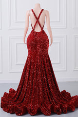 Luxury Burgundy Sequin Mermaid Silver Beaded Court Trian Criss Cross Prom Dresses