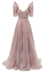 Off the shoulder Dusty Pink A-line Belt Evening Dresses