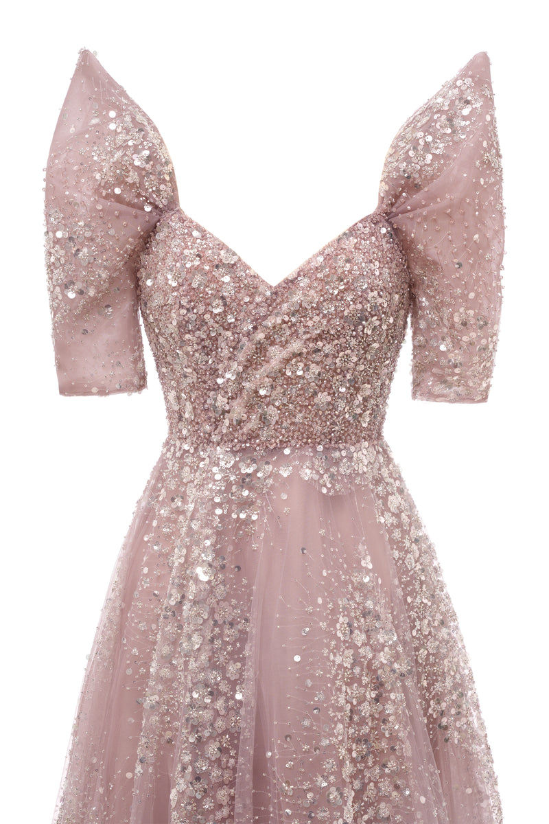 Off the shoulder Dusty Pink A-line Belt Evening Dresses