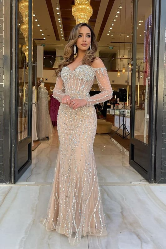 Off the shoulder Champange Long sleeves Sweetheart Sparkle Beaded Prom Dresses