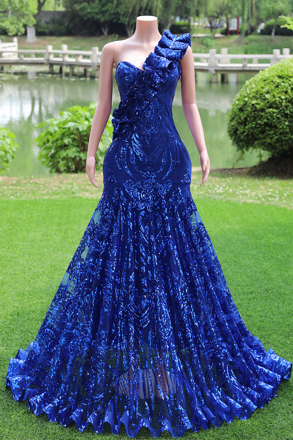 One shoulder Ruffles Sparkle Royal Blue Mermaid Prom Dresses