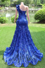 One shoulder Ruffles Sparkle Royal Blue Mermaid Prom Dresses