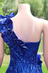 One shoulder Ruffles Sparkle Royal Blue Mermaid Prom Dresses