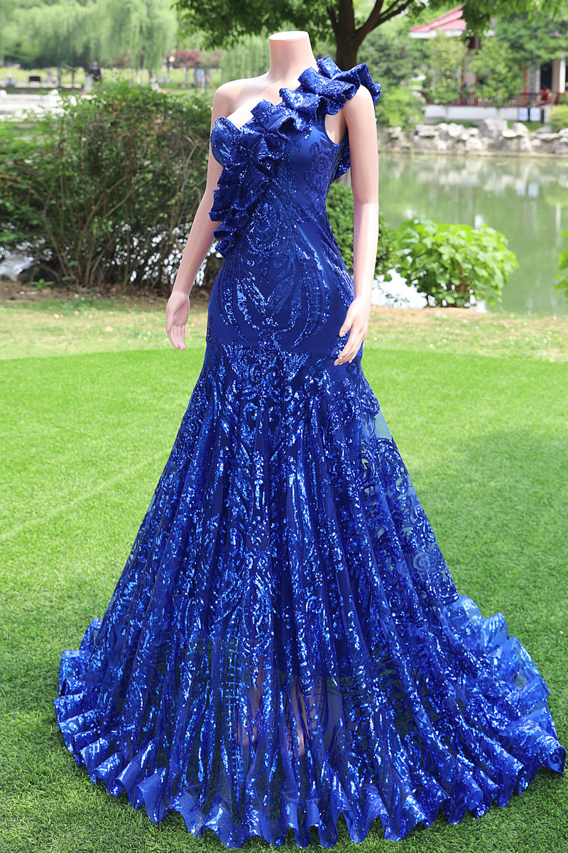 One shoulder Ruffles Sparkle Royal Blue Mermaid Prom Dresses