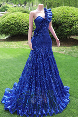 One shoulder Ruffles Sparkle Royal Blue Mermaid Prom Dresses