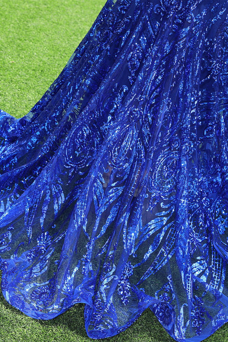 One shoulder Ruffles Sparkle Royal Blue Mermaid Prom Dresses