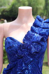 One shoulder Ruffles Sparkle Royal Blue Mermaid Prom Dresses