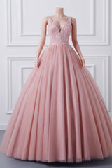 Sleeveless Dusty Pink Luxury Beaded Ball Gown Quince Dresses