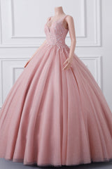 Sleeveless Dusty Pink Luxury Beaded Ball Gown Quince Dresses