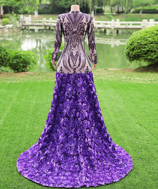 Gorgeous Purple Long Sleeves V-Neck Prom Dress Sequins With Flowers