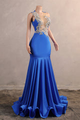 Silver Appliques Blue Satin Mermaid Sleeveless Prom Dresses