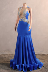 Silver Appliques Blue Satin Mermaid Sleeveless Prom Dresses