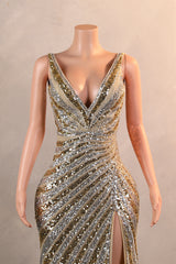 Silver Gold High Split V-neck Sleeveless Mermaid Prom Dresses