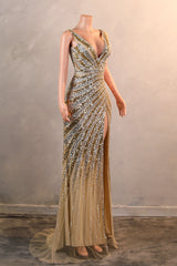 Silver Gold High Split V-neck Sleeveless Mermaid Prom Dresses