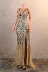 Silver Gold High Split V-neck Sleeveless Mermaid Prom Dresses