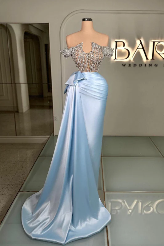 Sky Blue Off the shoulder Silver Beaded Satin Court Train Prom Dresses