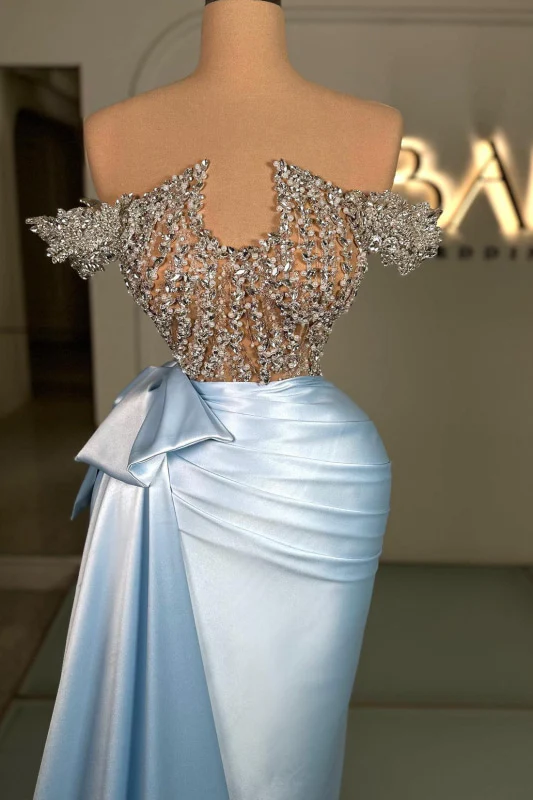 Sky Blue Off the shoulder Silver Beaded Satin Court Train Prom Dresses