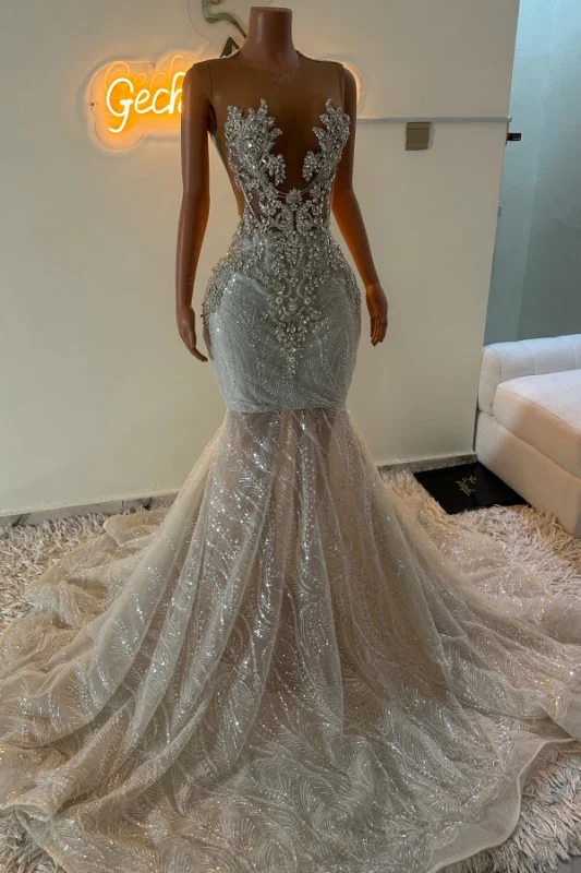 Sleeveless Silver Sparkle Appliques V-neck Mermaid Court Train Prom Dresses