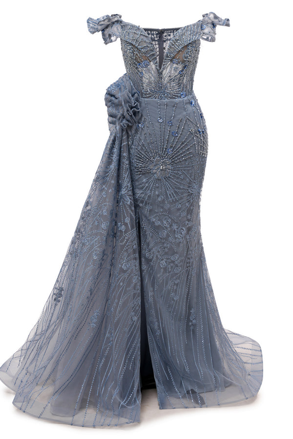 Sparkle Beaded Gray Off the shoulder Flowers  Evening Dresses