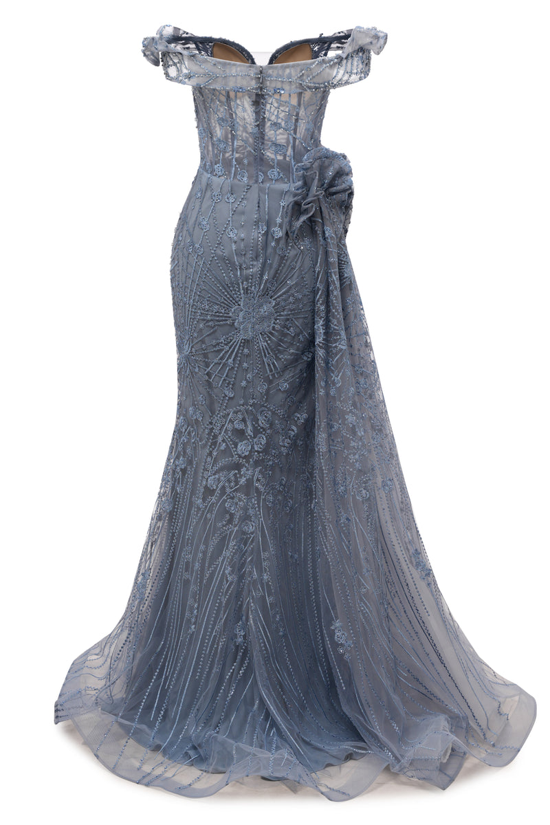 Sparkle Beaded Gray Off the shoulder Flowers  Evening Dresses