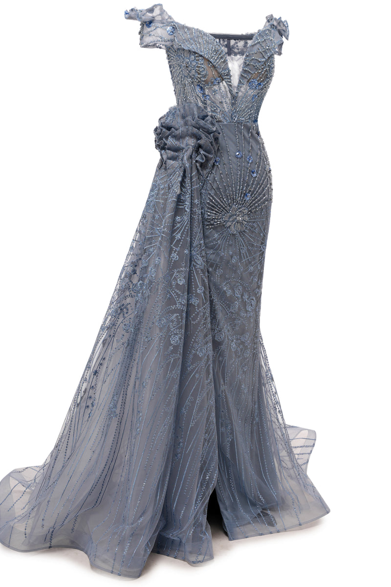 Sparkle Beaded Gray Off the shoulder Flowers  Evening Dresses