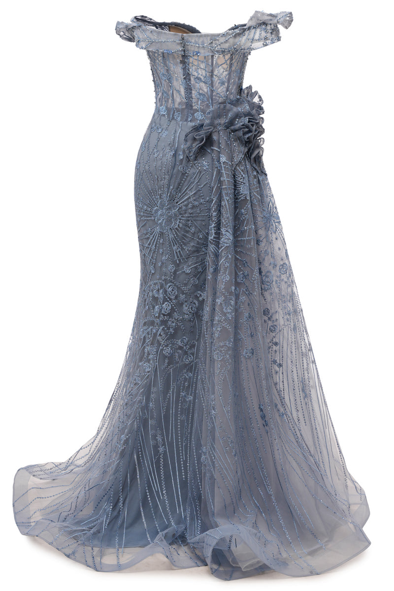 Sparkle Beaded Gray Off the shoulder Flowers  Evening Dresses